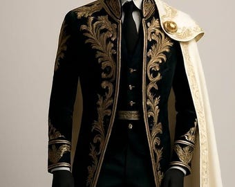 Capa de hombro personalizada con bordado negro real para hombre, traje de novio de lujo, traje de cosplay victoriano, traje de boda y Navidad.