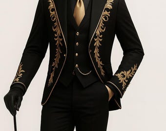 Traje bordado negro real personalizado para hombre, esmoquin de 3 piezas, traje formal para boda o graduación, disfraz de príncipe real, estilo barroco veneciano renacentista.