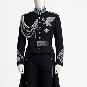 Könnte beinhalten: Eine marineblaue Uniform im Militärstil auf einer Schaufensterpuppe. Die Uniform hat silberne Verzierungen, darunter Schulterstücke, eine Kette und Stickereien an den Ärmeln. Sie umfasst einen langen Mantel, eine Hose, einen schwarzen Gürtel und hohe schwarze Stiefel.