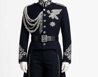 Royal Military Style Tailcoat Blue Embroidered Uniform Coat Silver Accents Formal Parade Jacket Eagle Motif 19th Century Wedding Court Suit