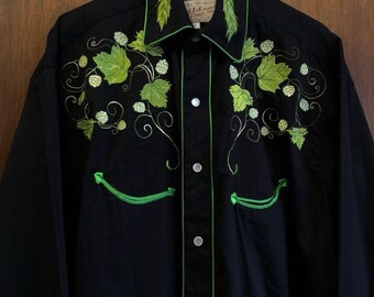 Customized Men's Black Country Western Cowboy Shirt Hops & Leaves Embroidered Western Cowboy Shirt For Wedding Day, Cocktail Party Attire,