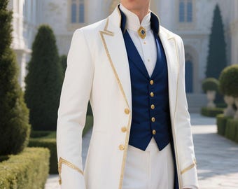 Customized Men's Royal White Prince Coat Set with Gold Trim | Men’s Regency Tailcoat Blue Waistcoat | Custom Handmade Wedding & Event Outfit