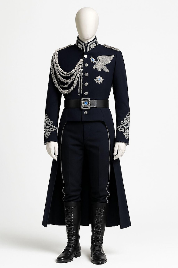 Royal Military Style Tailcoat Blau Gestickte Uniform Mantel Silber