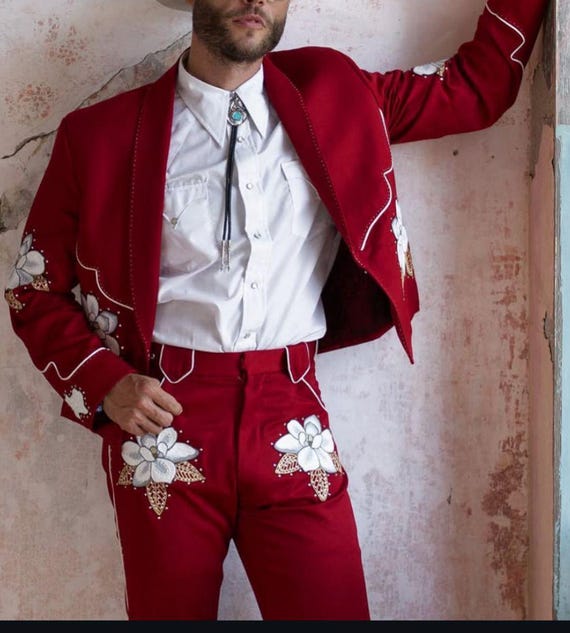 Vintage Style Western Red Embroidered 2 PC Cowboy Floral Suit Wedding Cocktail Attire, Country Western Style Stage Show Outfit Country Music
