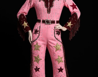 Cutomized Women Vintage Style Pink Star Western Jumpsuit Retro Rhinestone Fringe Suit Glam Rock Rodeo Costume Wedding Stag Show Attire