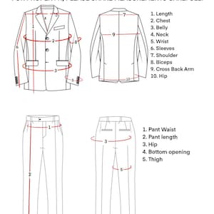 Puede incluir: Diagrama que ilustra los puntos de medici&oacute;n para una chaqueta y un pantal&oacute;n de traje a medida. La imagen incluye el texto "TAILORED OASIS" y "FOR PROPER FIT, PLEASE SHARE MEASUREMENTS CAREFULLY". Los puntos de medici&oacute;n est&aacute;n etiquetados para largo, pecho, vientre, cuello, mu&ntilde;eca, mangas, hombro, b&iacute;ceps, brazo cruzado, cadera, cintura del pantal&oacute;n, largo del pantal&oacute;n, cadera, abertura inferior y muslo.