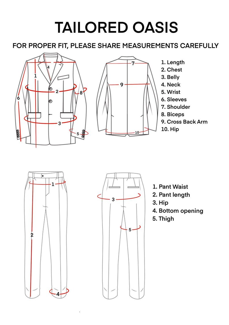 Puede incluir: Diagrama que ilustra los puntos de medici&oacute;n para una chaqueta y un pantal&oacute;n de traje a medida. La imagen incluye el texto "TAILORED OASIS" y "FOR PROPER FIT, PLEASE SHARE MEASUREMENTS CAREFULLY". Los puntos de medici&oacute;n est&aacute;n etiquetados para largo, pecho, vientre, cuello, mu&ntilde;eca, mangas, hombro, b&iacute;ceps, brazo cruzado, cadera, cintura del pantal&oacute;n, largo del pantal&oacute;n, cadera, abertura inferior y muslo.