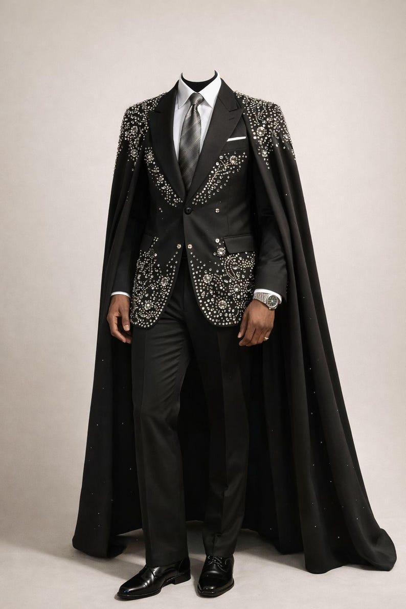 Puede incluir: Traje negro con capa, adornado con pedrer&iacute;a plateada. El traje incluye camisa blanca, corbata gris y pa&ntilde;uelo de bolsillo. La capa larga y los zapatos negros completan el conjunto. Ideal para eventos formales.