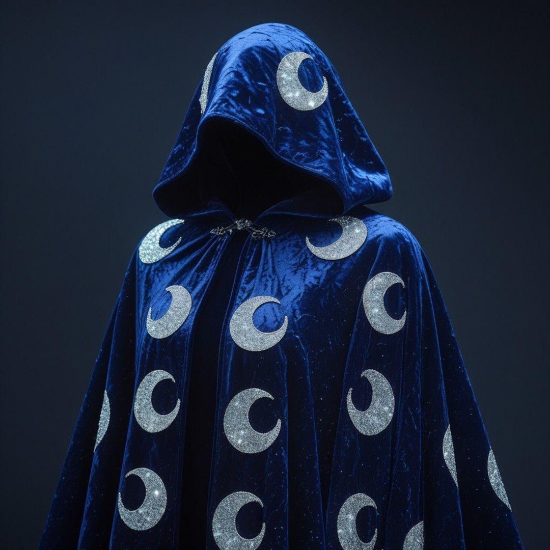 Blue Velvet Moon Cloak Celestial Hooded Cape Witch Wizard Fantasy ...