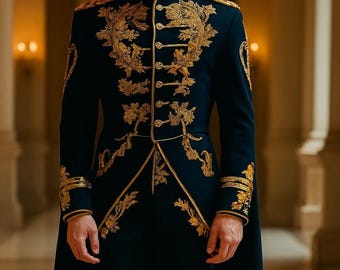 Traje real de terciopelo negro bordado personalizado para hombre, siglo XVIII, disfraz de príncipe real, estilo barroco veneciano renacentista, traje de novio para boda.