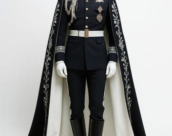 Traje de príncipe azul marino real hecho a mano, capa bordada, traje real de lujo para hombre, traje victoriano noble, traje de boda a medida para Navidad.