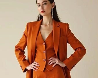 Orange Customized Women Wedding Suit Formal Bridal Trouser Outfit Elegant 3-Piece Pantsuit Classic Women's Ceremony Attire Business Suits