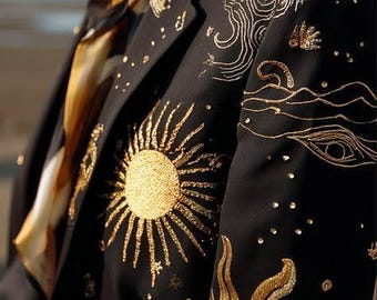 Traje negro y dorado bordado, esmoquin occidental para hombre, traje Celestial Sun Moon, traje formal de 2 piezas a medida, traje de boda occidental, traje de Halloween
