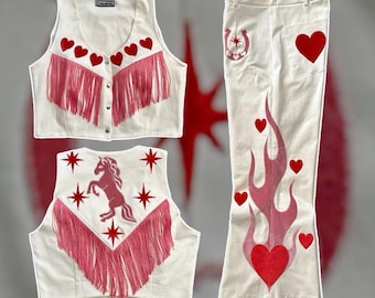 Customized Ivory Women's 2Pc Suits Heart Embroidered Fringed Western Wedding Suits Cocktail Attire Cowgirl Retro Suit 2 Piece Vintage Suits