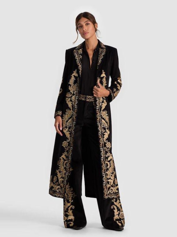 Customized Women 2 Pc Black Velvet Long Coat Set Formal Blazer Wide-Leg Pant Designer Suit Wedding Christmas Valentine Prom Party Attire