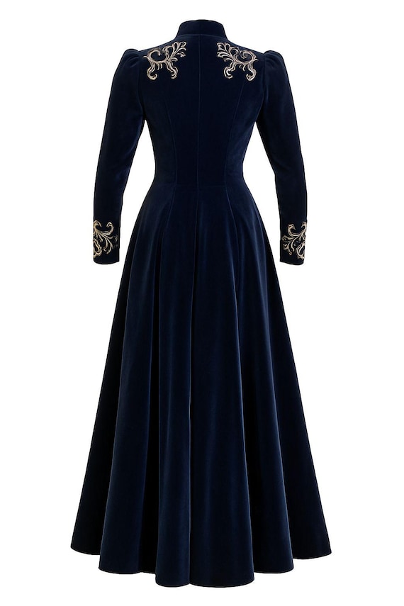 blue velvet coat dress Embroidered Long Navy Victorian Style Gown Gold Embroidery Jacket Dress Winter Formal Coat Custom Made Dress Coat AX Paris - Green