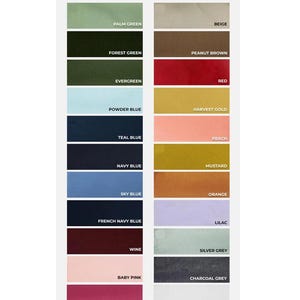 Puede incluir: Una tarjeta de muestras de algod&oacute;n de Tailored Oasis, con una variedad de colores de tela. Los colores incluyen Palm Green, Forest Green, Evergreen, Powder Blue, Teal Blue, Navy Blue, Sky Blue, French Navy Blue, Wine, Baby Pink, Fuchsia, Lavender, Beige, Peanut Brown, Red, Harvest Gold, Peach, Mustard, Orange, Lilac, Silver Grey, Charcoal Grey, White y Black.