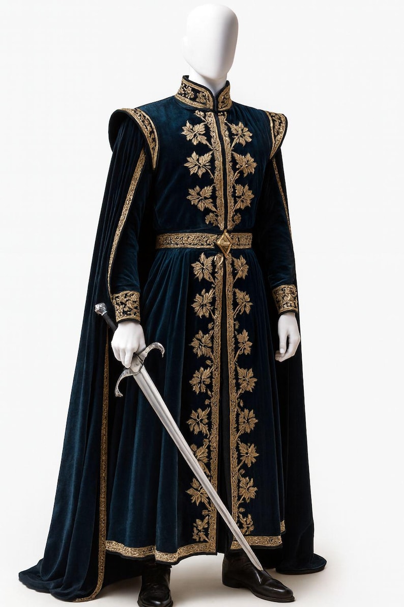 Anpassad kunglig medeltida sammetrock för män, broderad kostym, renässanskung, regal outfit, regal cosplay-mantel, julfestklädsel bild 1
