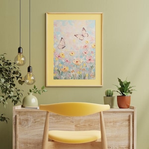 Spring Butterflies & Flowers Wall Art | Pastel Palette Floral Wall Art | Impressionist Textured Digital Download | Romantic Nature Print