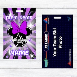 May include: Two purple and black name tags with a Mickey Mouse silhouette and the text "The Summit 2025". One tag has the text "Team Name" and "Name" and the other tag has the text "At Large Your Team Bid Photo" and "#SummitBidReveal".