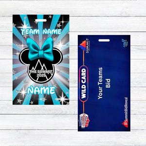 May include: Two blue and black printable name tags with the text "The Summit 2025" and "Team Name". One tag features a cartoon mouse head with a blue bow. The other tag has the text "Wild Card" and "Your Teams Bid".