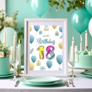 Könnte beinhalten: Ein gerahmter Geburtstagsdruck mit den Worten "Happy Birthday" und der Zahl "18" in farbenfrohem Text. Der Druck ist von Luftballons, Geschenken und Federn umgeben. Die Szene umfasst einen Kuchen, Kerzen und Luftballons.