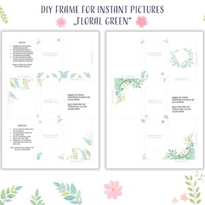 Könnte beinhalten: Druckbare DIY-Rahmenvorlage für Sofortbilder. Das Design zeigt ein florales grünes Thema mit Blättern und Blumen. Die Vorlage enthält Anweisungen für die Montage und einen Hinweis, farbiges Papier zu verwenden.