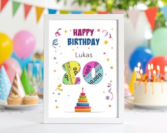 Puede incluir: Una impresión de cumpleaños enmarcada con las palabras "Happy Birthday Lukas" en azul y rojo. El número "20" está diseñado con gráficos de dinero coloridos. Una pequeña tarta de varios pisos está en la parte inferior. Confeti y serpentinas decoran la impresión.