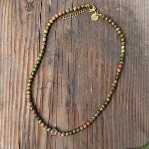 Unakite Jasper Necklace: Carved Wood Flower, 18k Gold Accents