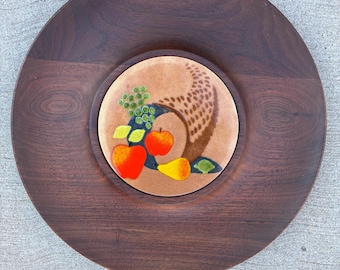 Vintage Walnut Cheese Board/Tray With Enameled Metal Center