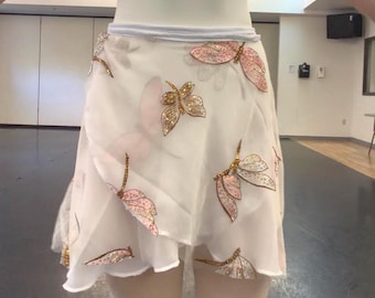 Two Layer Ballet Wrap Skirt/Sheer Chiffon with Embroidered Dragonflies/Handmade Dancewear