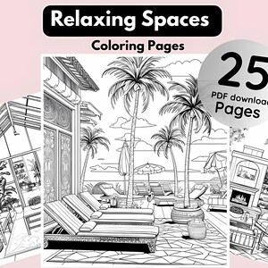 リラックスできる空間の塗り絵 25 ページ | ファンタジー塗り絵シート | すぐにダウンロード | 印刷可能な PDF ファイル |