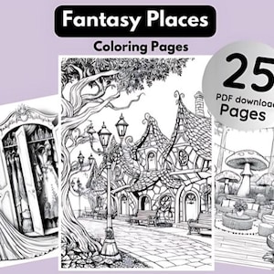 25 Fantasy Places Coloring Pages | Fantasy Coloring Sheets | Instant Download | Printable PDF File |