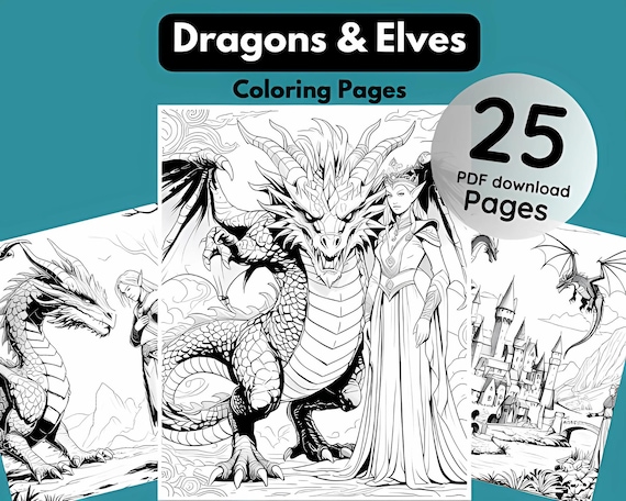 25 Dragons & Elves Coloring Pages | Fantasy Coloring Sheets | Instant Download | Printable PDF File |