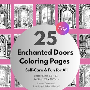 魔法の扉のぬり絵 25 ページ | ファンタジーぬり絵シート | すぐにダウンロード | 印刷可能な PDF ファイル |