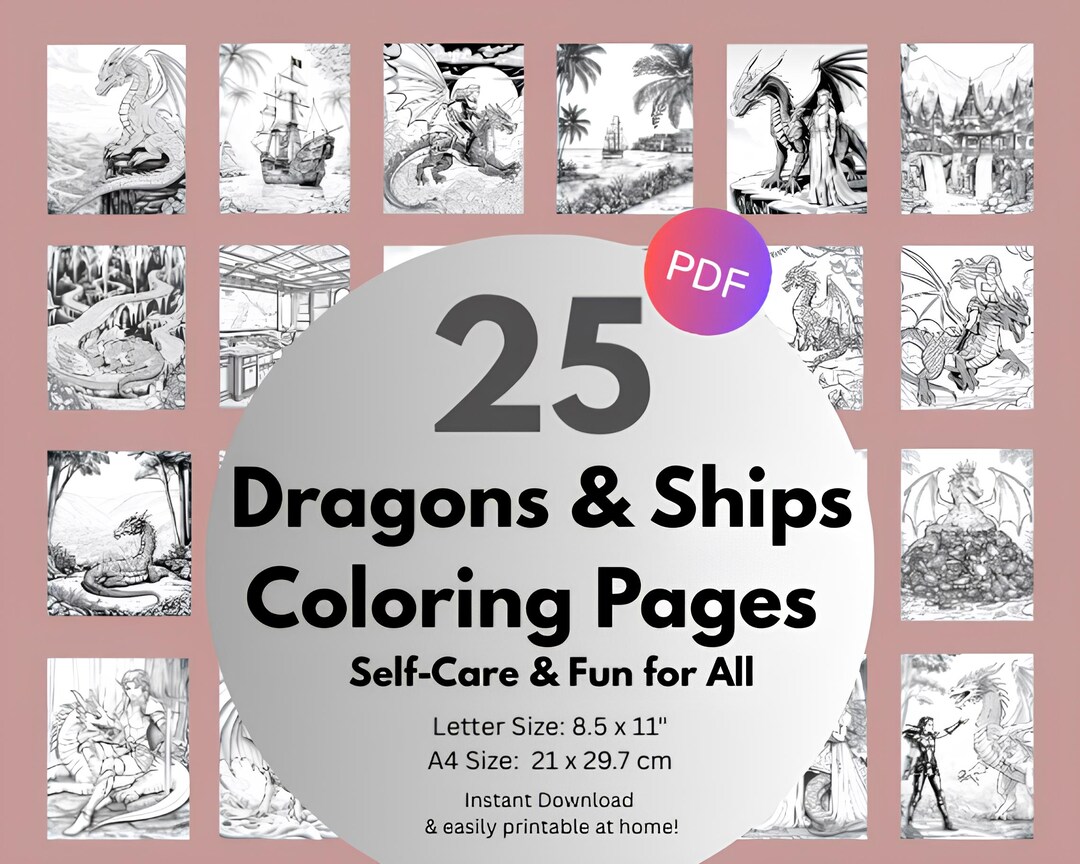 25 Dragons & Ships Coloring Pages | Fantasy Coloring Sheets | Instant ...
