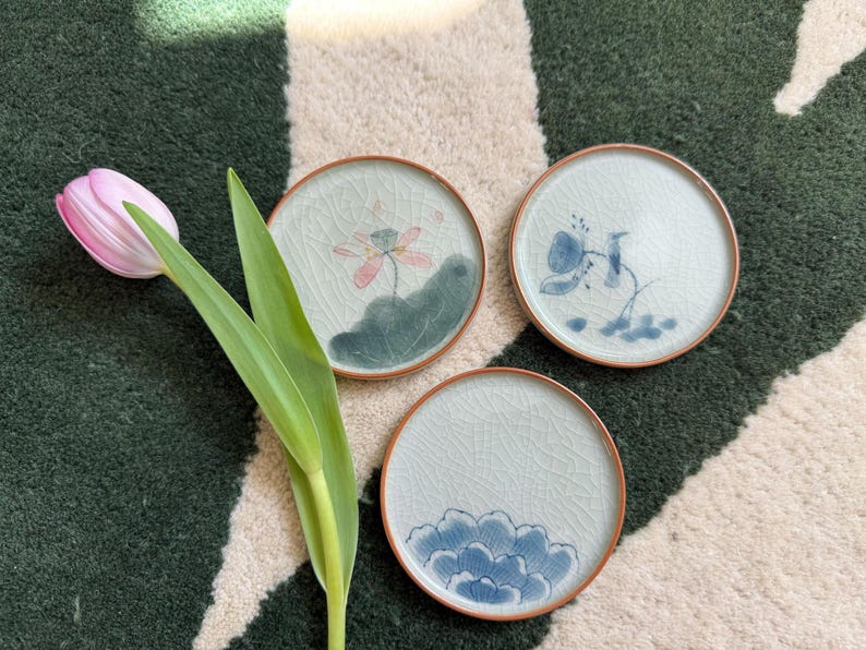 Handmade Ceramic Coasters: Floral Design, Modern Homeware, Lotus Wave Bird, Design from Oriental China Japan, Simplicity Traditional Style