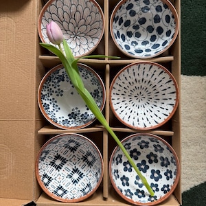 Tazón de cerámica hecho a mano para pasta, ramen, arroz, sopa, beber, tamaño adecuado: Cerámica con patrón de esmaltado tierra, diseño de puntos con estampado floral, juego de 6 tazones