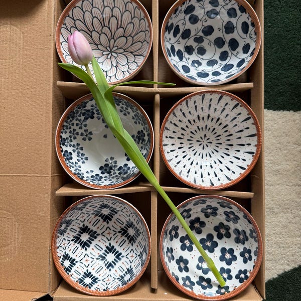 Handmade Ceramic Pasta Ramen Rice Soup Drinking Right size Bowl: Earth Glaze Pattern Pottery, Floral Pattern Dots Design, set of 6 Bowls