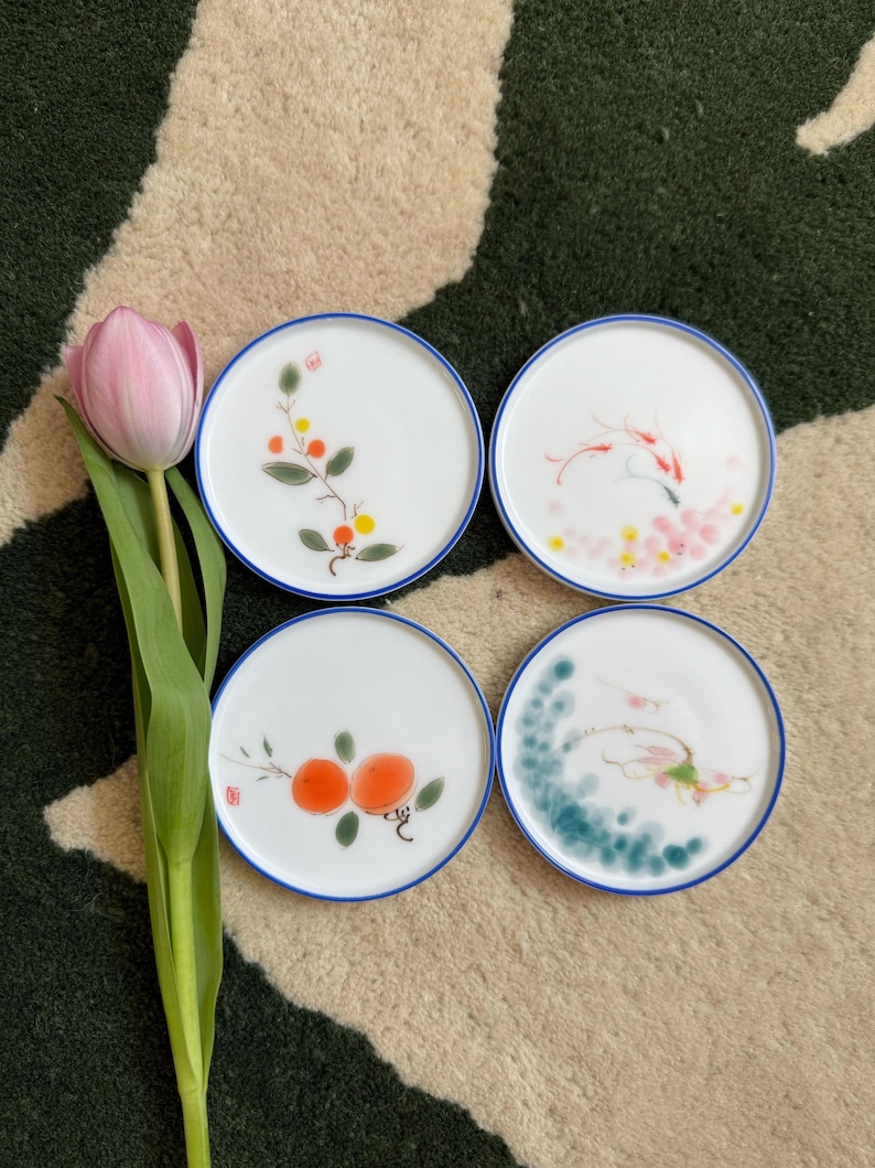 Handmade Ceramic Coasters: Nature-Inspired Drink Coasters, Set of 4, Cherry Fish Lotus Persimmon, Oriental Japan, Simple Traditional Style