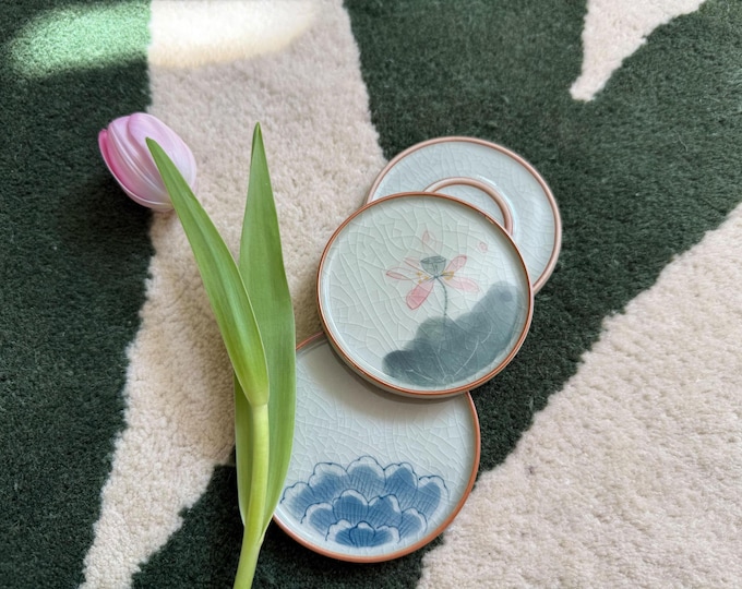 Handmade Ceramic Coasters: Floral Design, Modern Homeware, Lotus Wave Bird, Design from Oriental China Japan, Simplicity Traditional Style