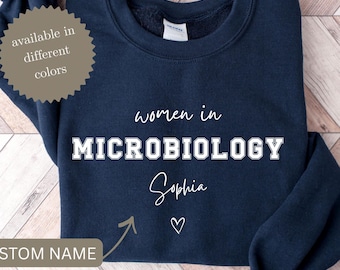 Sudadera personalizada para mujeres en microbiología, regalo STEM con nombre personalizado para microbiólogas, suéter para estudiantes de ciencias, jersey STEM para mujeres