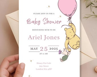 Winnie the Pooh Baby Shower Invitations. Personalised Digital Invitations. Printable Template. Vintage Winnie the Pooh Invitations.