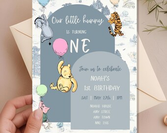 Classic Wine the Pooh 1st Birthday Invitation. Personalised first birthday invitation. Customised Birthday Invite.