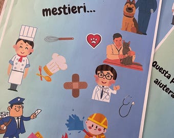 Può includere: Un poster educativo blu intitolato "Imparimo i mestieri..." (Imparare i mestieri) con illustrazioni di varie professioni, tra cui uno chef, un poliziotto e un pompiere. "Volume 1" è anche visibile.