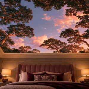 Sunset Forest Ceiling Wallpaper Mural, Pink Clouds and Crescent Moon