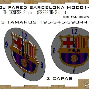 Puede incluir: Descarga digital de dos diseños de reloj de pared del Barcelona. Los relojes muestran el emblema del equipo con una cruz roja y rayas, y el texto "FOB". El grosor del reloj es de 3 mm y está disponible en tres tamaños: 19,5-39 cm.