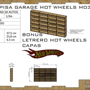 Könnte beinhalten: Holz-Garagenregal für Hot Wheels mit Platz für 20 Autos. Das Regal ist 37,5 cm lang, 21,8 cm breit und 4,3 cm tief. Mit Hot Wheels Logo und Text.