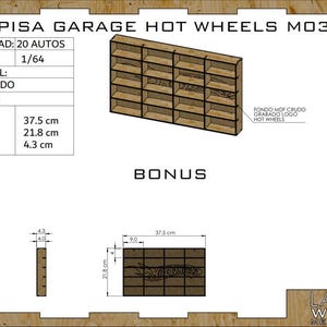 Puede incluir: Una repisa de madera para 20 autos Hot Wheels a escala 1/64. La unidad de MDF crudo mide 37.5 cm de largo, 21.8 cm de ancho y 4.3 cm de profundidad. Presenta un logotipo de Hot Wheels grabado con láser en el panel posterior e incluye archivos digitales.