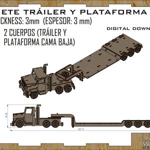 May include: A digital download of a toy truck and lowboy trailer, labeled M105, with a thickness of 3mm. The image includes DXF, PDF, SVG, JPG, PSD, AI, and CDR file formats. The trailer measures 57.11 units in length and 9.15 units in height.